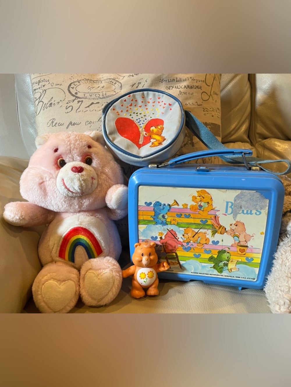 Vintage Care Bear Lot: Pink Care Bear, lunchbox, purse and mini figurine.